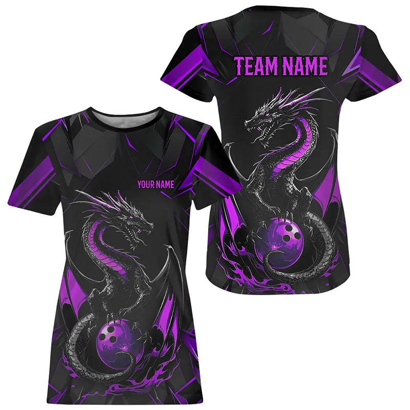 Custom Black And Purple Dragon Bowling T-Shirts, Dragon Bowling Team Uniform