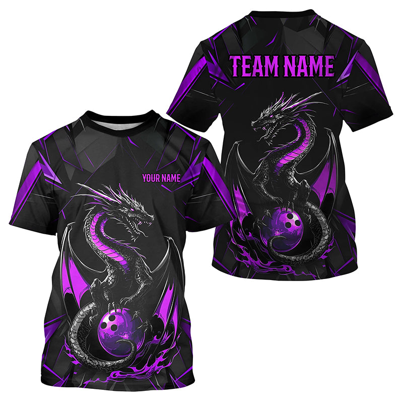 Custom Black And Purple Dragon Bowling T-Shirts, Dragon Bowling Team Uniform
