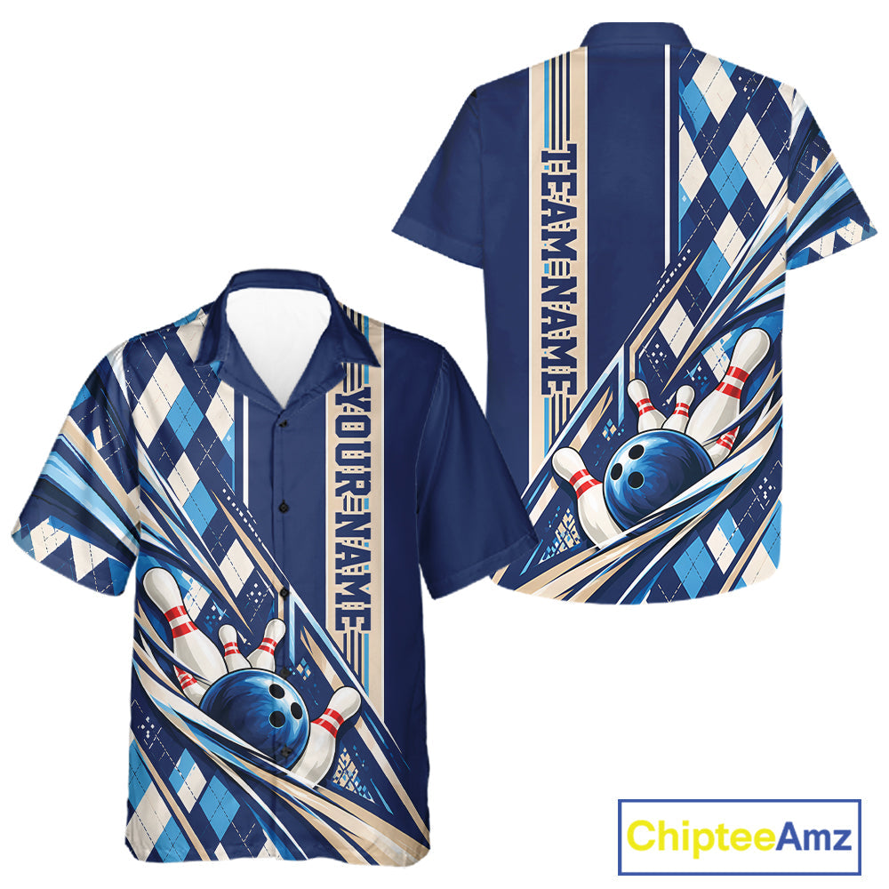 Custom Blue Argyle Pattern Retro Bowling And Button Up Shirt, Team Uniform