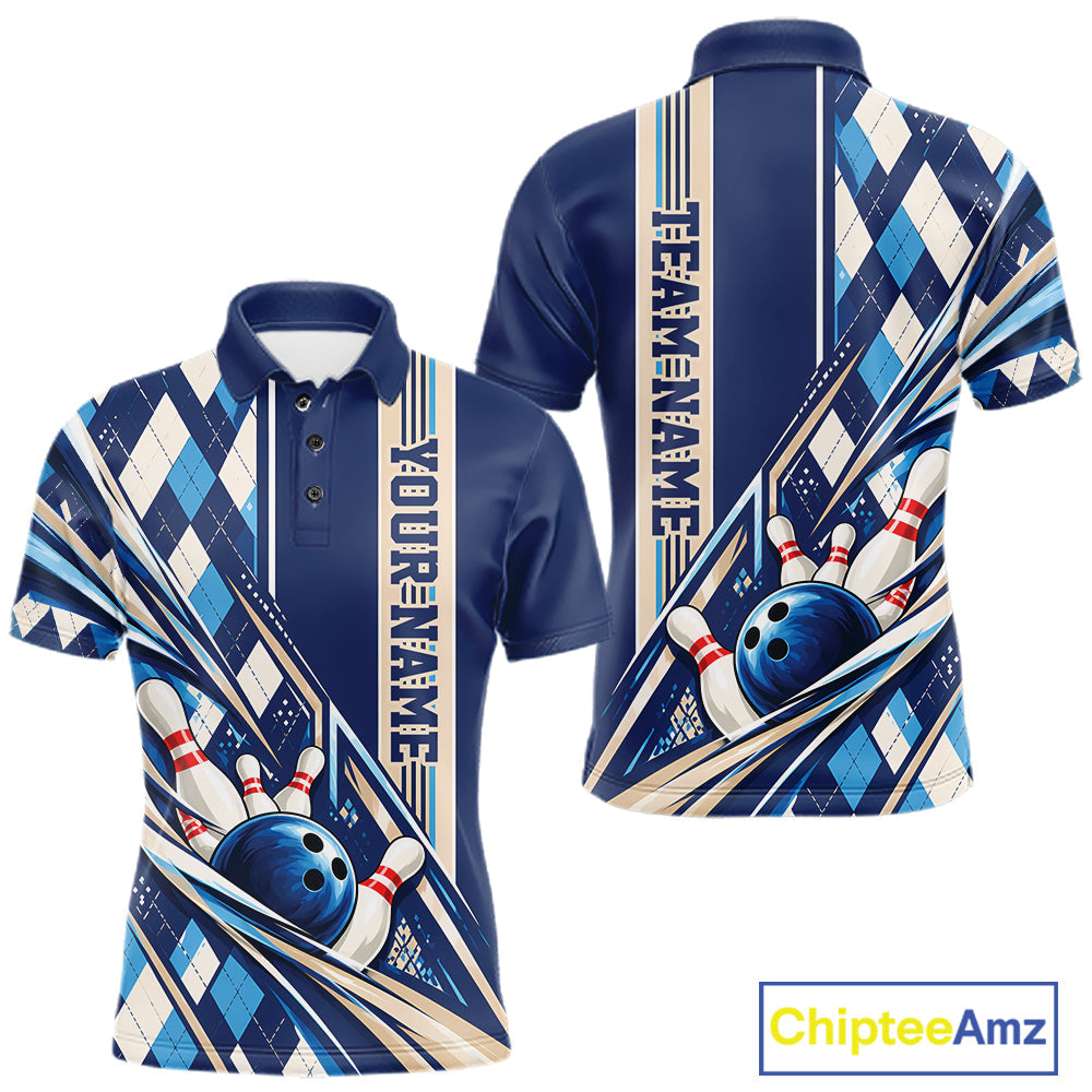 Custom Blue Argyle Pattern Retro Bowling Polo Shirt, Team Uniform