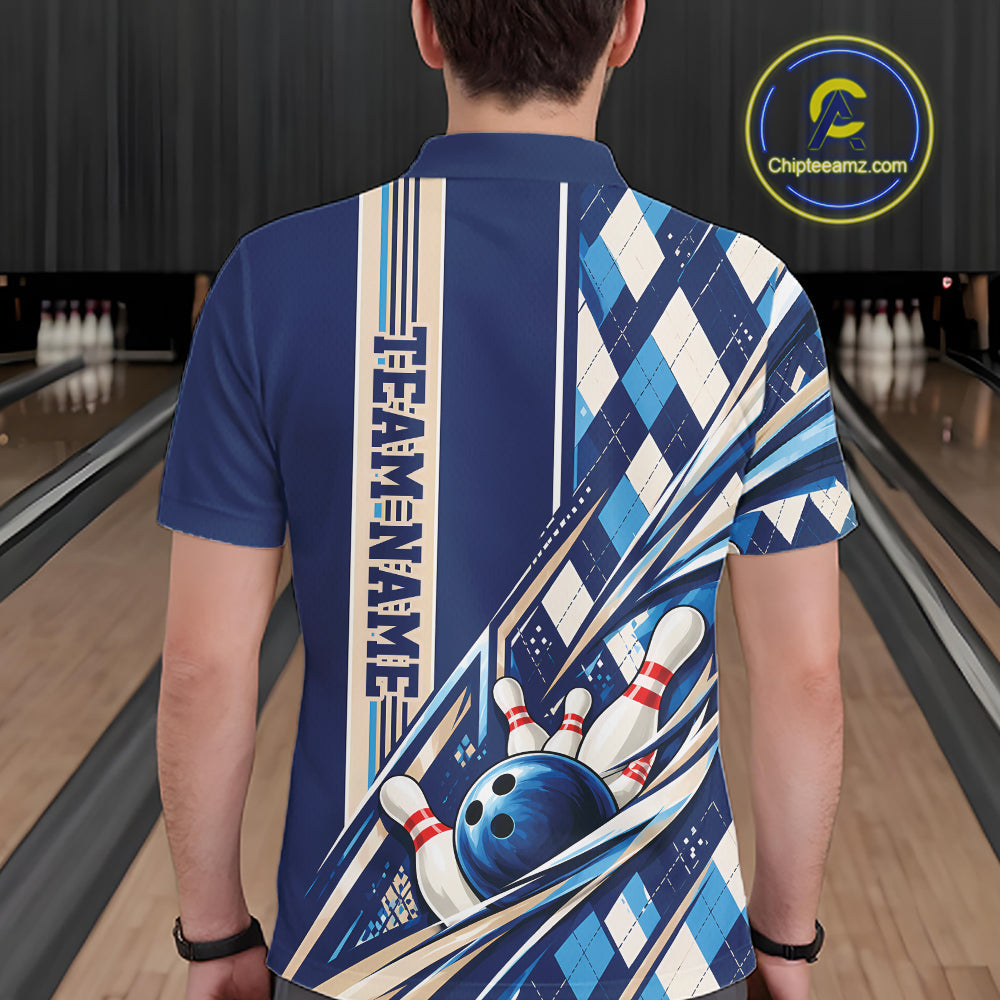 Custom Blue Argyle Pattern Retro Bowling Polo Shirt, Team Uniform
