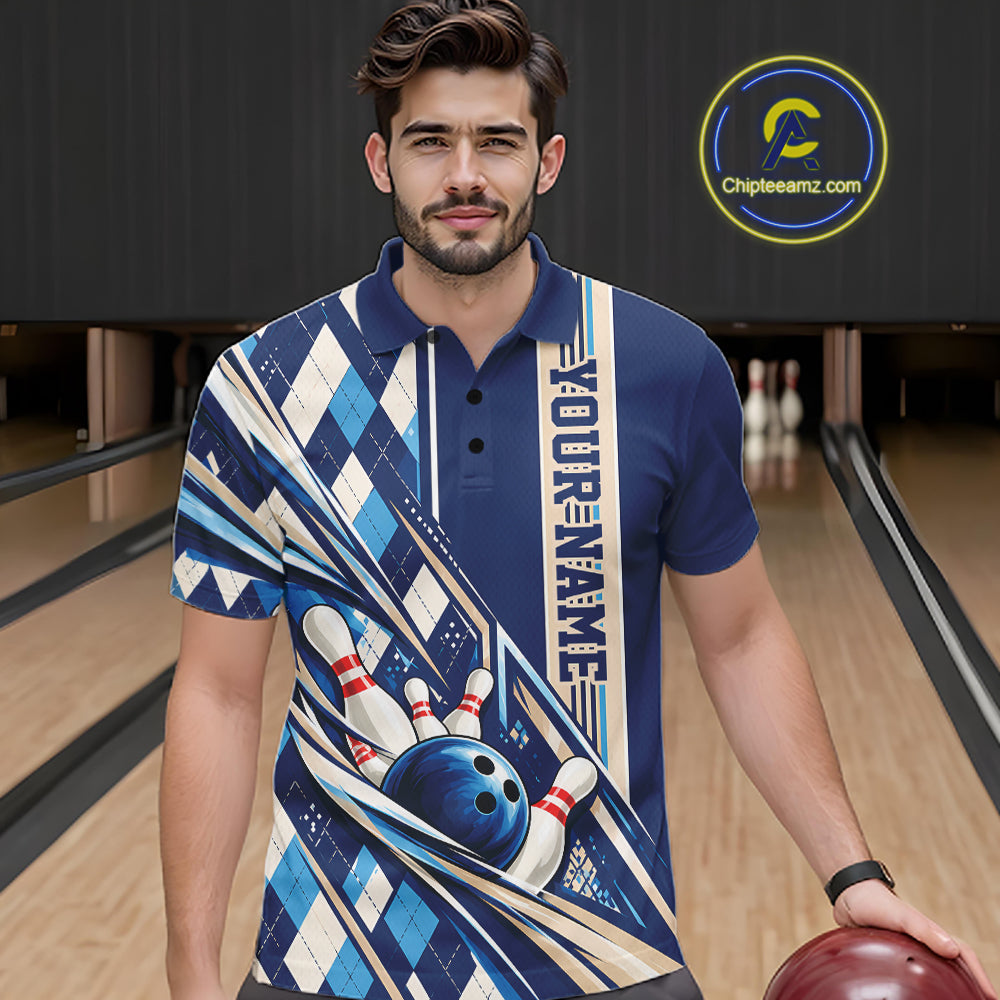 Custom Blue Argyle Pattern Retro Bowling Polo Shirt, Team Uniform