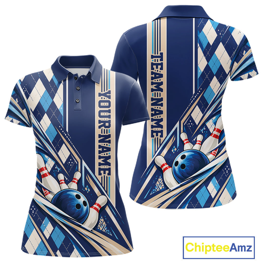 Custom Blue Argyle Pattern Retro Bowling Polo Shirt, Team Uniform