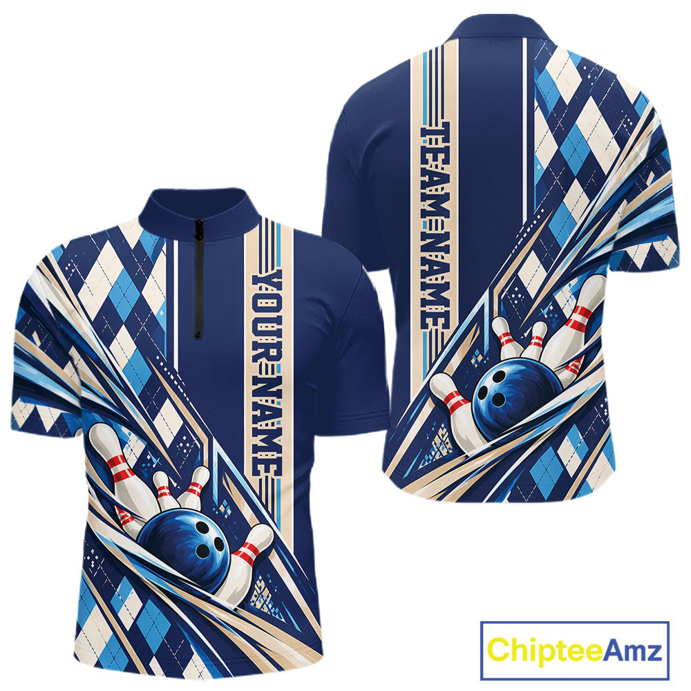 Custom Blue Argyle Pattern Retro Bowling Quarter Zip Shirt, Team Uniform