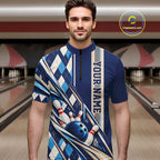 Custom Blue Argyle Pattern Retro Bowling Quarter Zip Shirt, Team Uniform