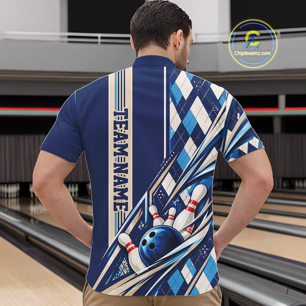 Custom Blue Argyle Pattern Retro Bowling Quarter Zip Shirt, Team Uniform