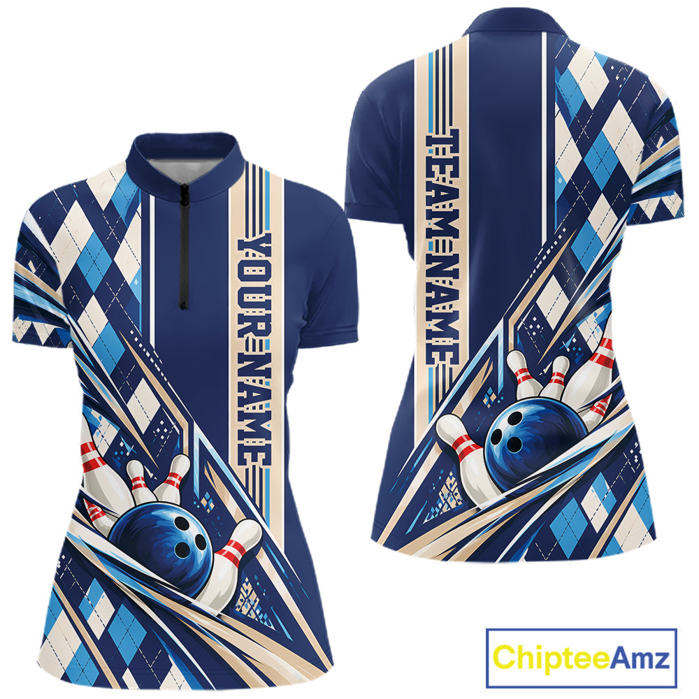 Custom Blue Argyle Pattern Retro Bowling Quarter-Zip Shirt, Team Uniform