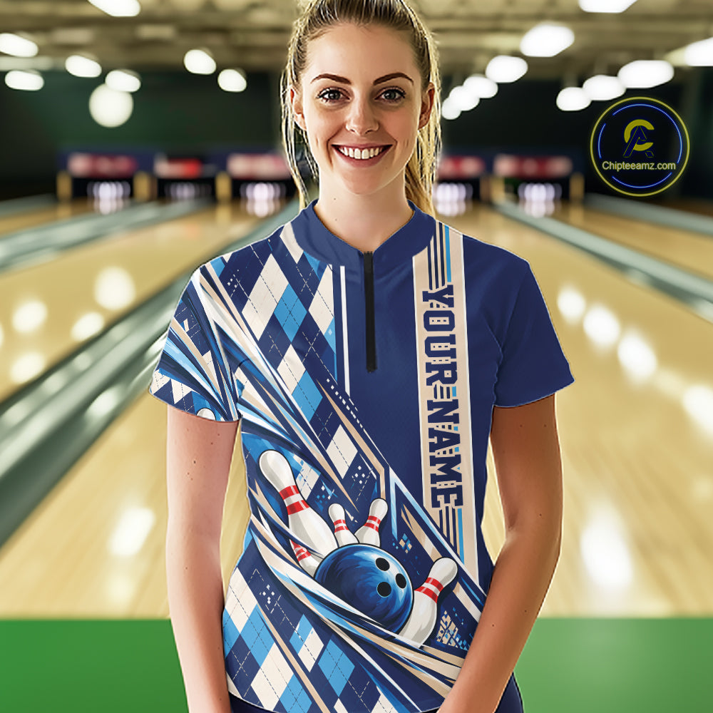 Custom Blue Argyle Pattern Retro Bowling Quarter-Zip Shirt, Team Uniform