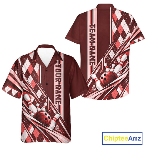 Custom Red Argyle Pattern Retro Bowling And Button Up Shirt, Team Uniform