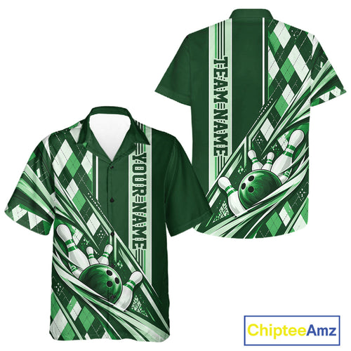 Custom Green Argyle Pattern Retro Bowling And Button Up Shirt, Team Uniform