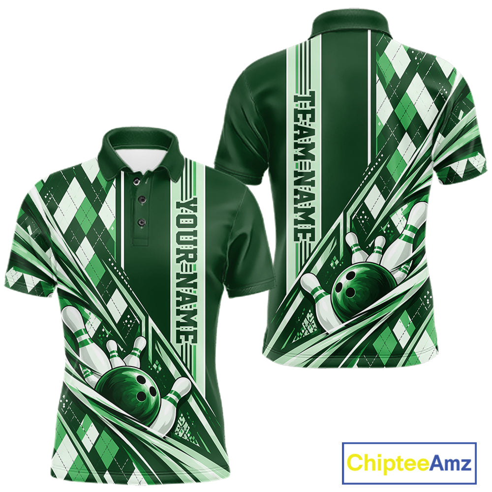 Custom Green Argyle Pattern Retro Bowling Polo Shirt, Team Uniform