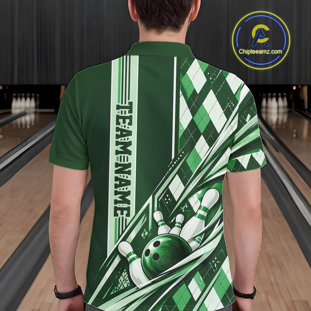 Custom Green Argyle Pattern Retro Bowling Polo Shirt, Team Uniform