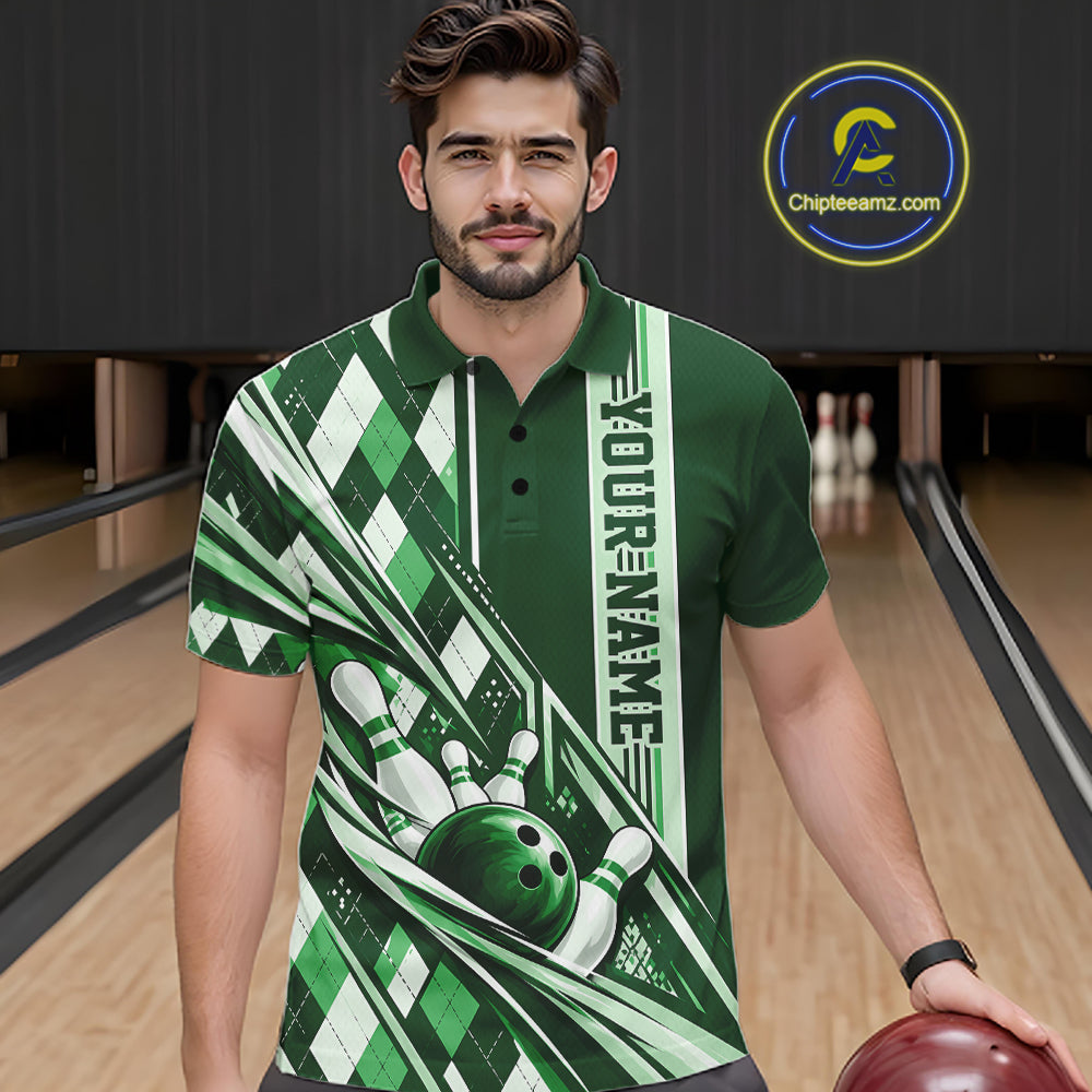 Custom Green Argyle Pattern Retro Bowling Polo Shirt, Team Uniform