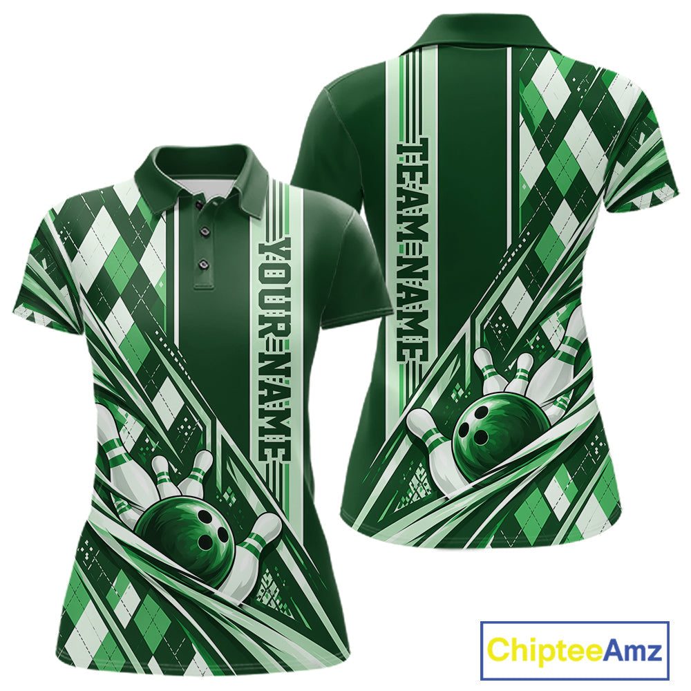 Custom Green Argyle Pattern Retro Bowling Polo Shirt, Team Uniform