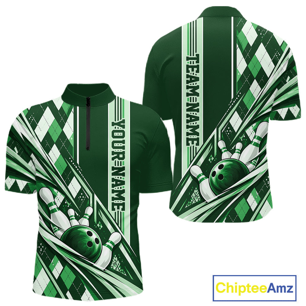 Custom Green Argyle Pattern Retro Bowling Quarter Zip Shirt, Team Uniform