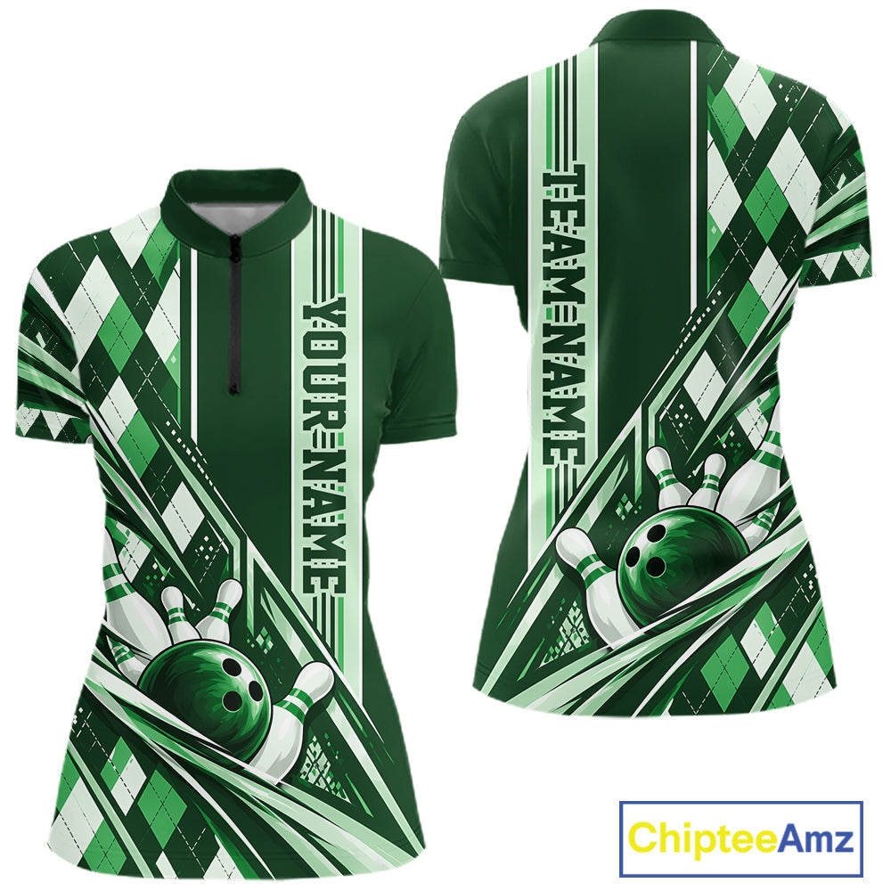 Custom Green Argyle Pattern Retro Bowling Quarter-Zip Shirt, Team Uniform