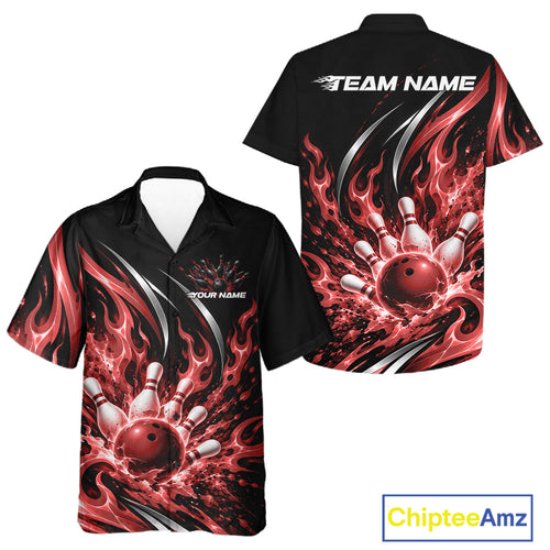 Custom Red Flame Bowling Button Up Shirt And, Bowling Tournament Jersey Bowler Outfit