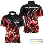 Custom Red Flame Bowling Polo Shirt, Bowling Tournament Jersey Bowler Outfit