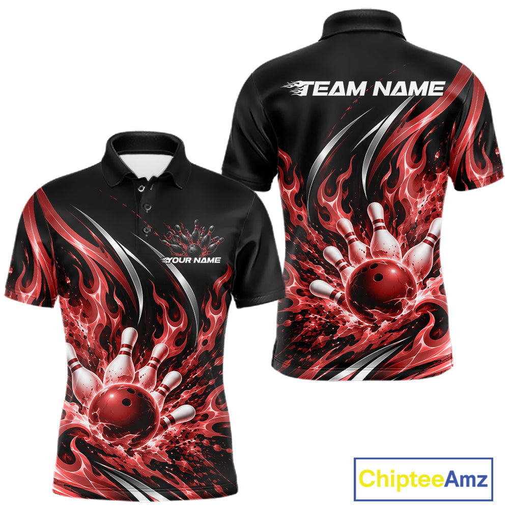 Custom Red Flame Bowling Polo Shirt, Bowling Tournament Jersey Bowler Outfit