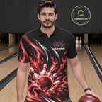 Custom Red Flame Bowling Polo Shirt, Bowling Tournament Jersey Bowler Outfit