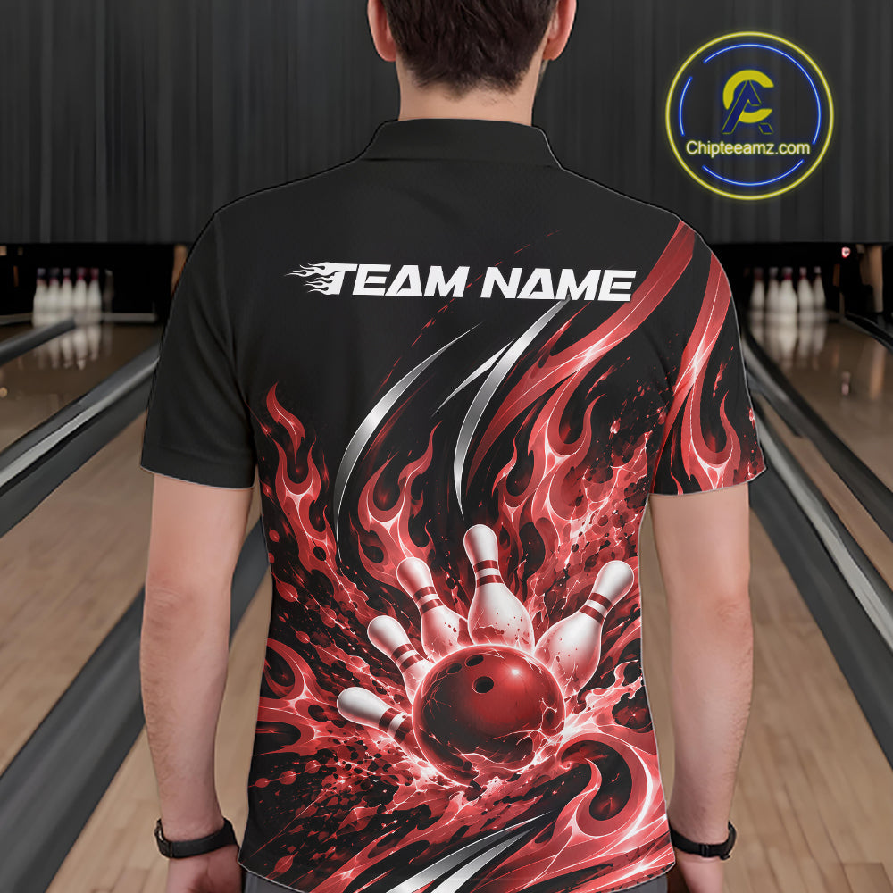 Custom Red Flame Bowling Polo Shirt, Bowling Tournament Jersey Bowler Outfit