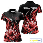 Custom Red Flame Bowling Polo Shirt, Bowling Tournament Jersey Bowler Outfit