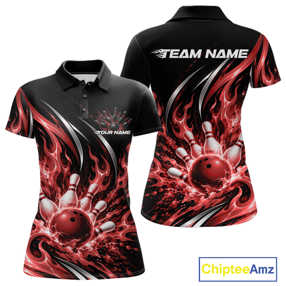 Custom Red Flame Bowling Polo Shirt, Bowling Tournament Jersey Bowler Outfit