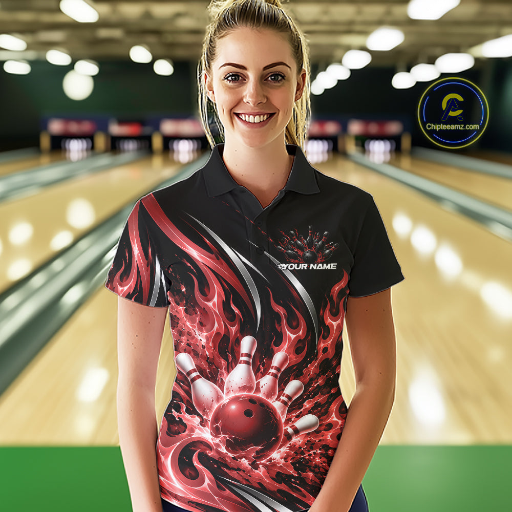 Custom Red Flame Bowling Polo Shirt, Bowling Tournament Jersey Bowler Outfit
