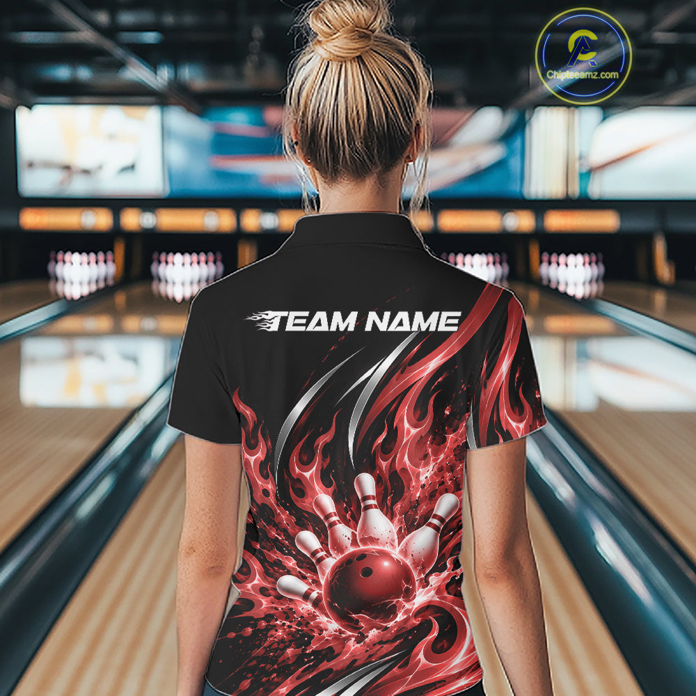 Custom Red Flame Bowling Polo Shirt, Bowling Tournament Jersey Bowler Outfit