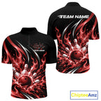 Custom Red Flame Bowling Quarter Zip Shirt, Bowling Tournament Jersey Bowler Outfit