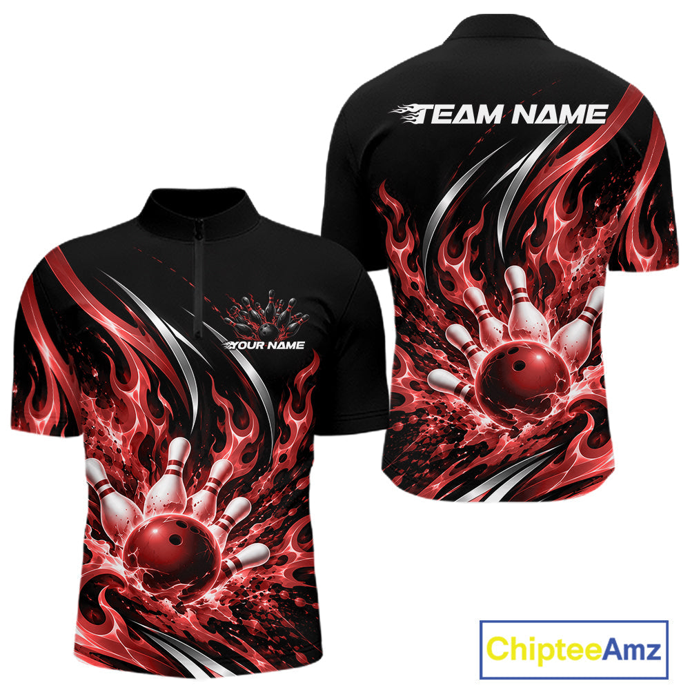 Custom Red Flame Bowling Quarter Zip Shirt, Bowling Tournament Jersey Bowler Outfit