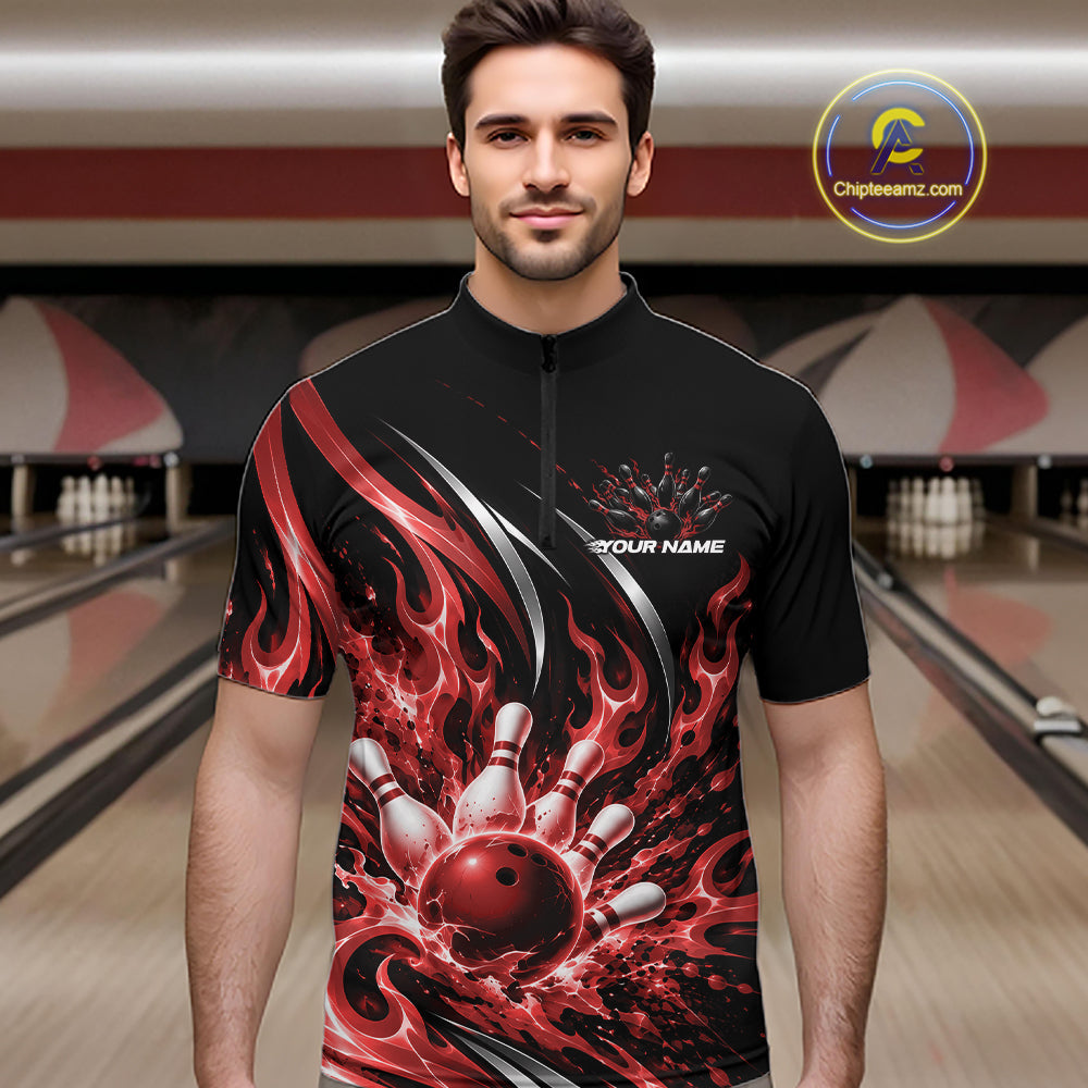 Custom Red Flame Bowling Quarter Zip Shirt, Bowling Tournament Jersey Bowler Outfit