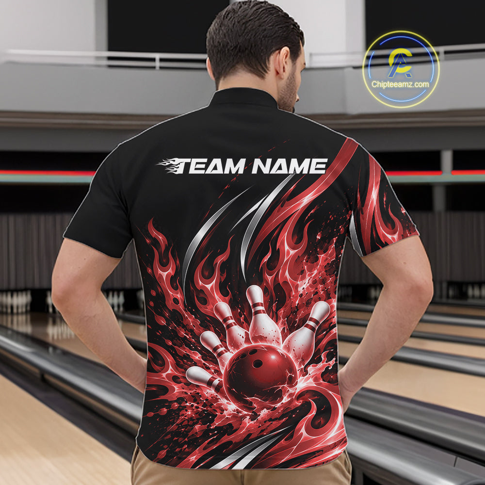 Custom Red Flame Bowling Quarter Zip Shirt, Bowling Tournament Jersey Bowler Outfit