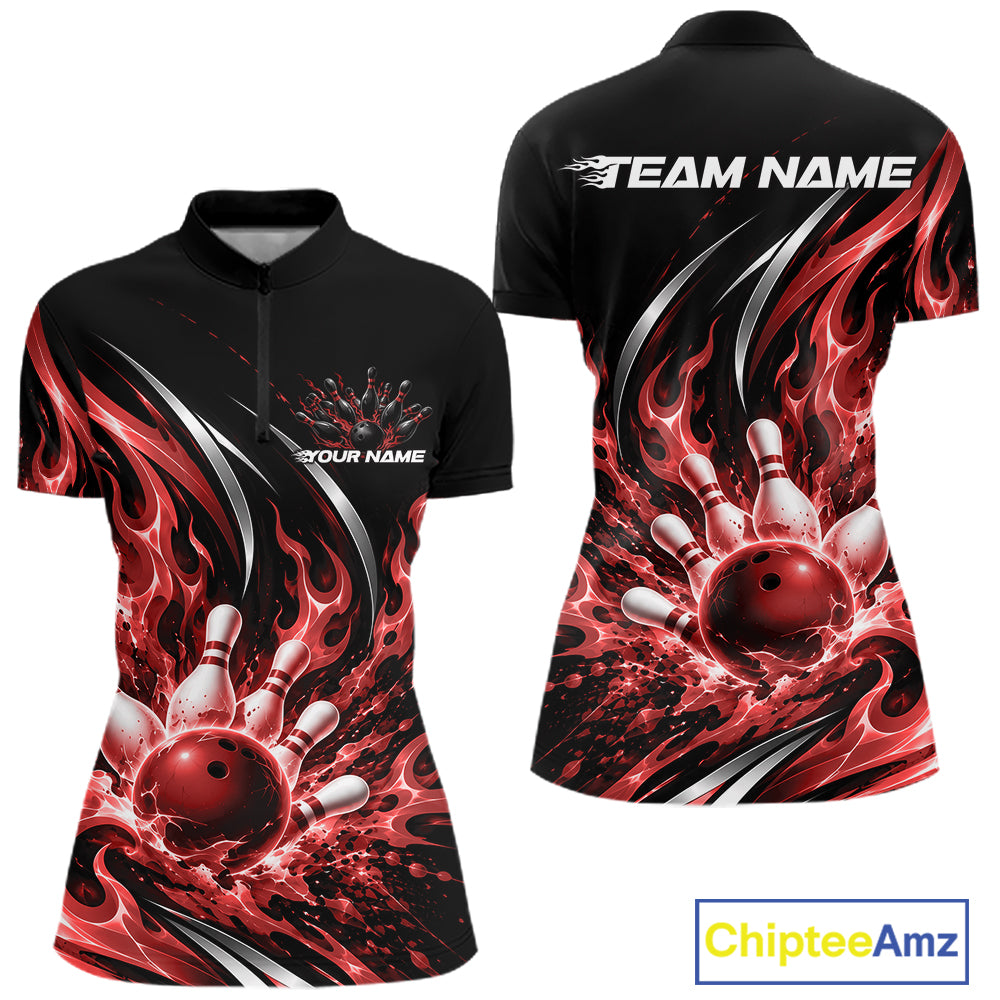 Custom Red Flame Bowling Quarter-Zip, Bowling Tournament Jersey Bowler Outfit