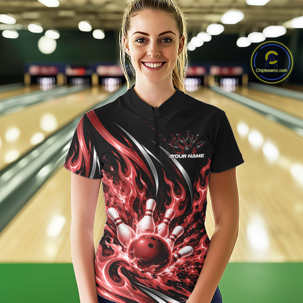 Custom Red Flame Bowling Quarter-Zip, Bowling Tournament Jersey Bowler Outfit