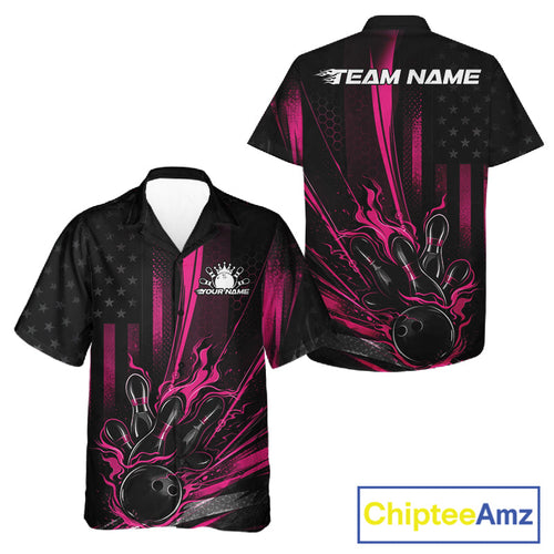 Custom Black And Pink US Flag Patriotic And Bowling Shirt, American Flame Bowling Jersey