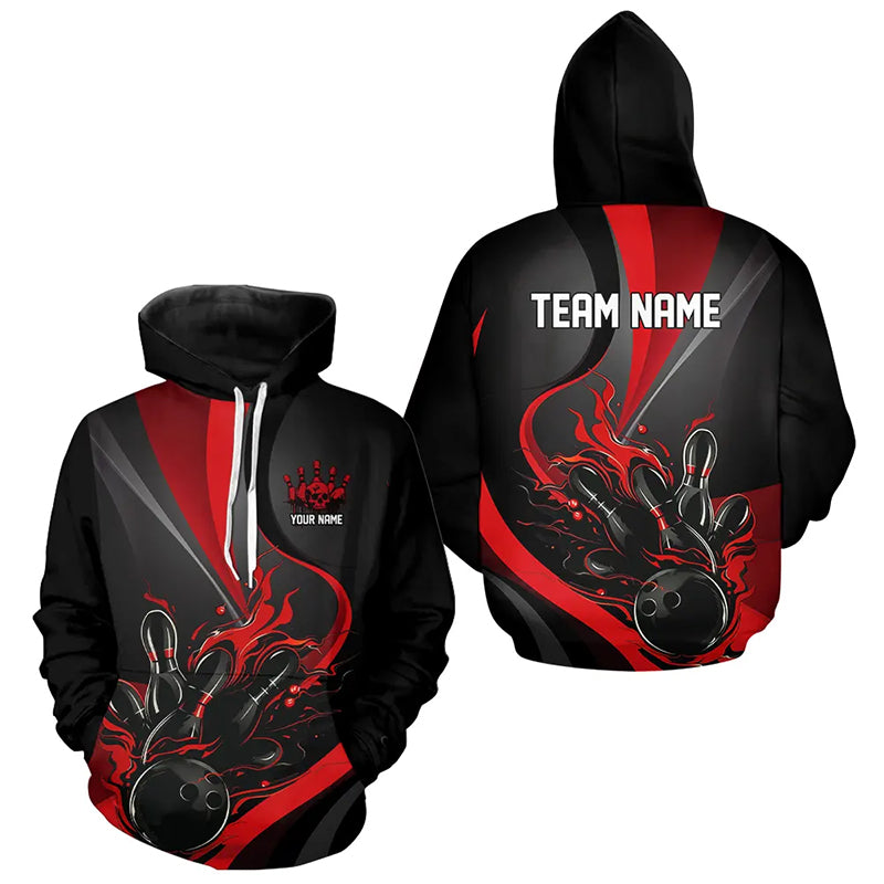 Custom Red And Black Flame Bowling Team Shirts, Strike Bowling Hoodie Shirts And