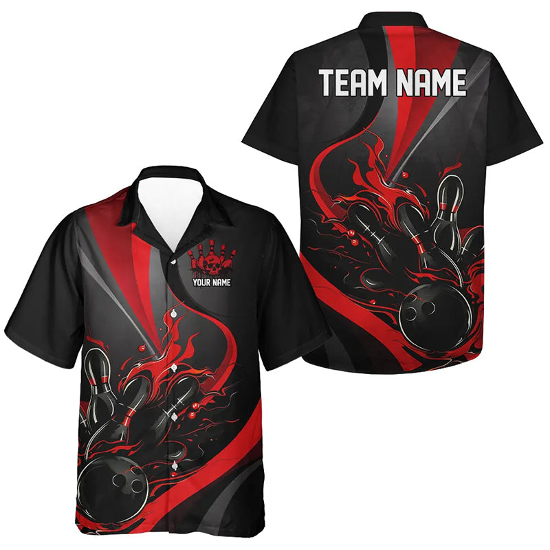 Custom Red And Black Flame Bowling Team Shirts, Strike Bowling Hawaiian Shirts And