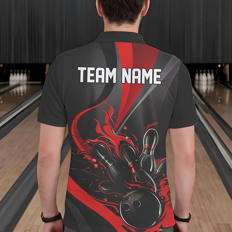 Red And Black Flame Bowling Team Shirts, Strike Bowling Short Sleeve Polo Shirts