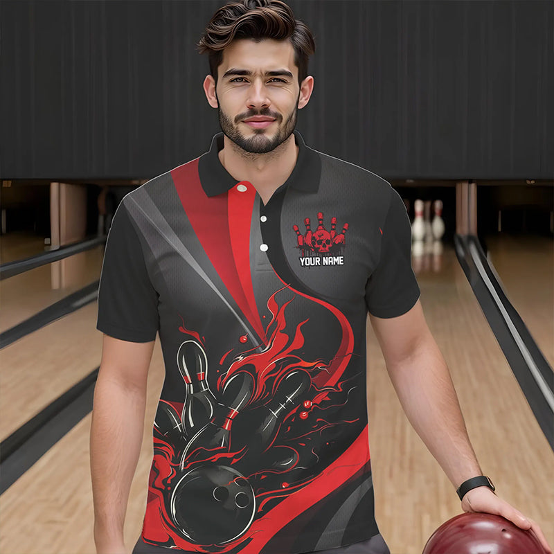 Red And Black Flame Bowling Team Shirts, Strike Bowling Short Sleeve Polo Shirts