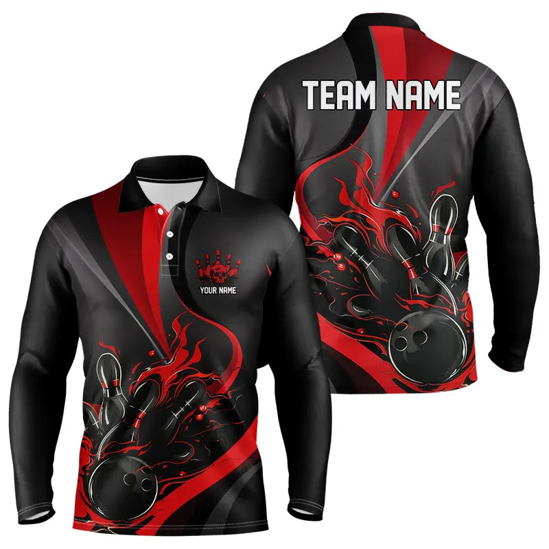 Custom Red And Black Flame Bowling Team Shirts, Strike Bowling Long Sleeve Polo Shirts