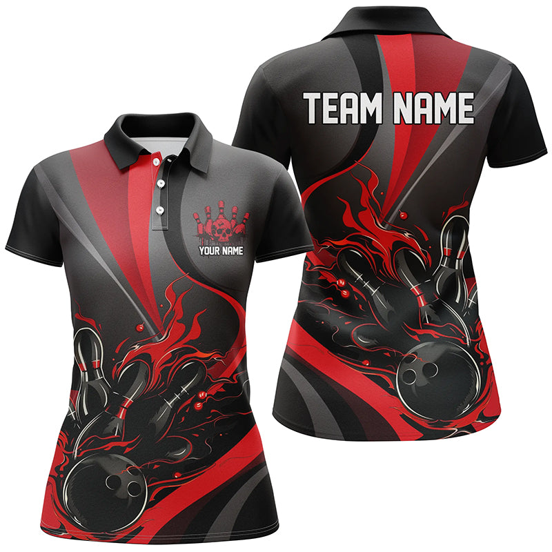 Red And Black Flame Bowling Team Shirts, Strike Bowling Short Sleeve Polo Shirts