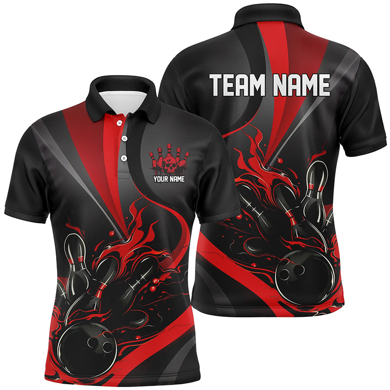 Red And Black Flame Bowling Team Shirts, Strike Bowling Short Sleeve Polo Shirts