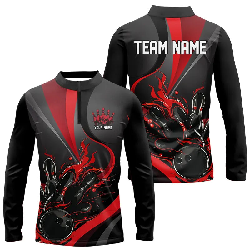 Custom Red And Black Flame Bowling Team Shirts, Strike Bowling Long Sleeve Quarter-Zip Shirt