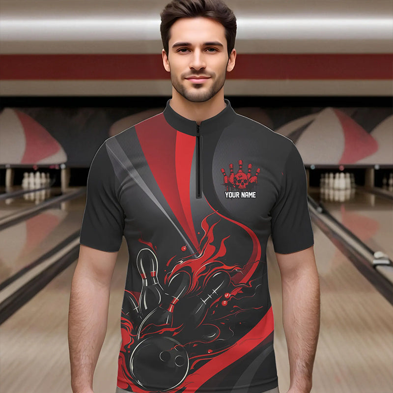 Red And Black Flame Bowling Team Shirts, Strike Bowling Short Sleeve Quarter Zip Shirts