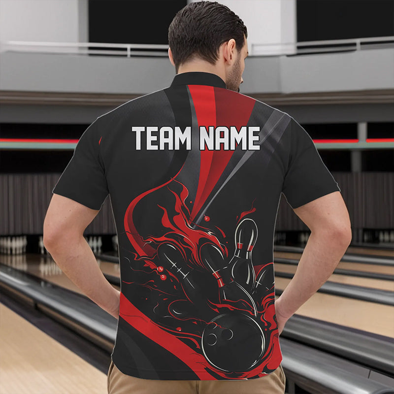 Red And Black Flame Bowling Team Shirts, Strike Bowling Short Sleeve Quarter Zip Shirts
