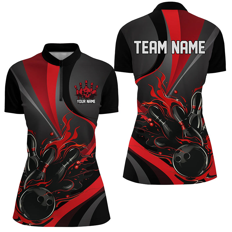 Red And Black Flame Bowling Team Shirts, Bowling Short Sleeve Quarter Zip Shirts