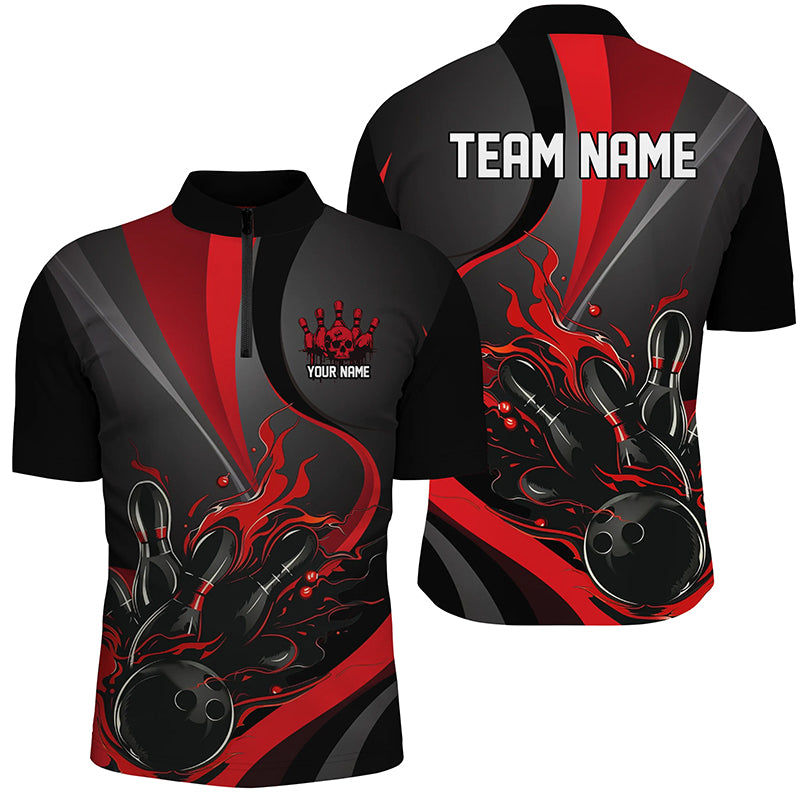 Red And Black Flame Bowling Team Shirts, Strike Bowling Short Sleeve Quarter Zip Shirts