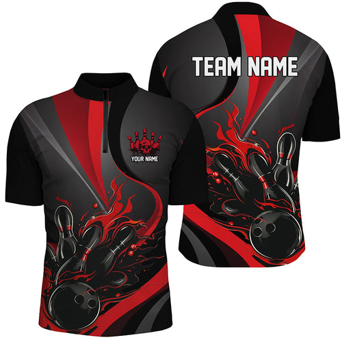 Red And Black Flame Bowling Team Shirts, Strike Bowling Short Sleeve Quarter Zip Shirts