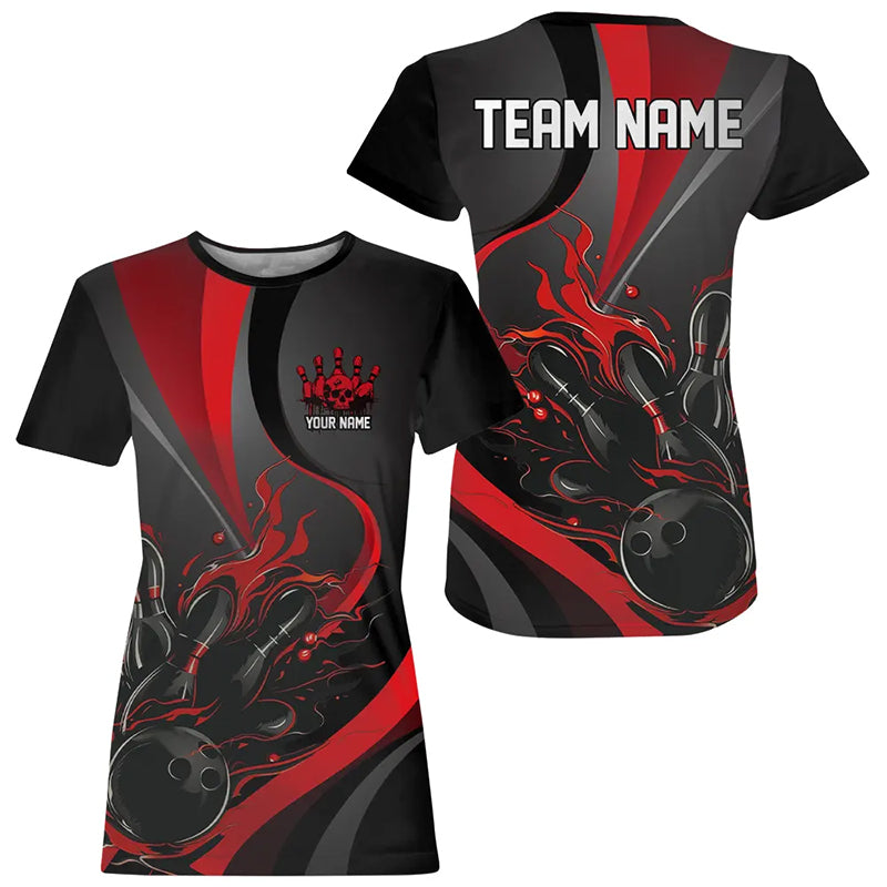 Custom Red And Black Flame Bowling Team, Strike Bowling T-Shirts
